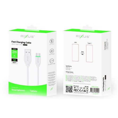 Rixus RXU82C Boost USB-C -lataus- ja tiedonsiirtokaapeli, 2 m – valkoinen
