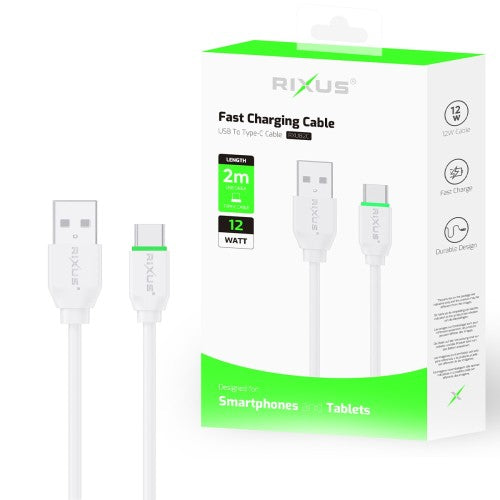 Rixus RXU82C Boost USB-C -lataus- ja tiedonsiirtokaapeli, 2 m – valkoinen