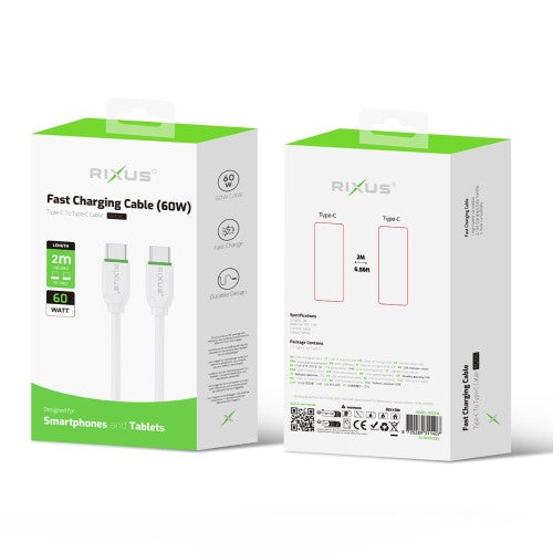 Rixus RX2016 USB-C–USB-C 60 W pikalatauskaapeli, 2 m – valkoinen