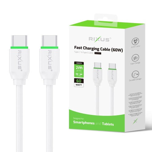 Rixus RX2016 USB-C–USB-C 60 W pikalatauskaapeli, 2 m – valkoinen