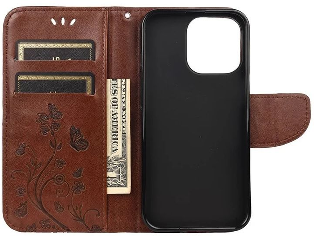 Iphone 13 Suojakuori - Lompakkomalli ruskea kukka/perhonen painokuvio